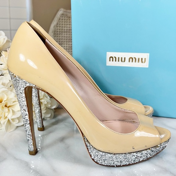 Miu Miu Open Toe Glittery Platform Stilettos - Picture 3 of 7